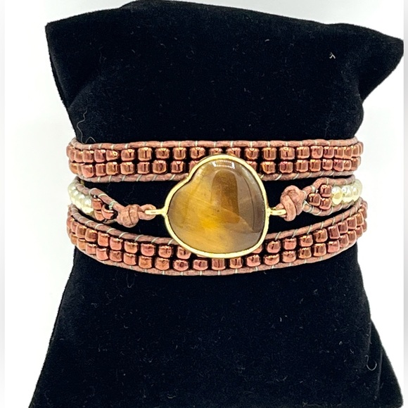 Hand Crafted Jewelry - HAND CRAFTED Brown Leather and Tiger Eye Heart Wrap Bracelet
